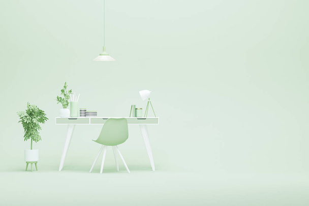 Idea minimale per scrivania studio e lavoro a casa in verde pastello e bianco, colore beige con mobili, divano, pianta e vaso. Uno stile di vita sano. Rendering 3D. - Foto, immagini