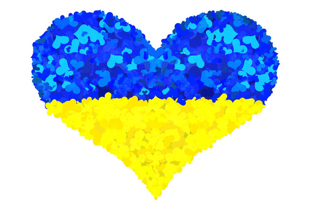 Сердце, сделанное из маленьких сердец с цветами украинского флага, изолированного на белом фоне. - Фото, изображение