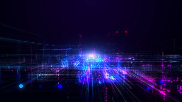 Digitaalinen kyberavaruus Line Neon Light, verkkoyhteydet, tekniikka Digitaalinen abstrakti tausta 3d renderöinti - Valokuva, kuva