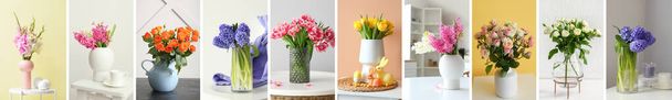 Вазы с красивыми букетами свежих цветов в номере - Фото, изображение