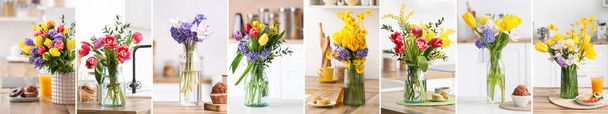 Bouquets of beautiful spring flowers on table in kitchen - Фото, изображение