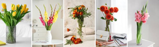 Vases with beautiful bouquets of fresh flowers in room - Фото, изображение