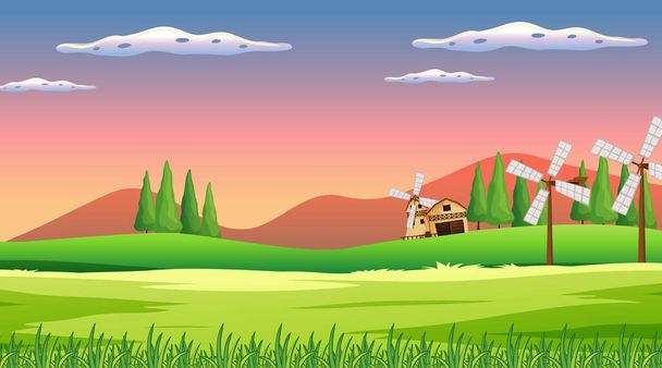 Cena de fazenda com moinho de vento e celeiro ilustração
 - Vetor, Imagem