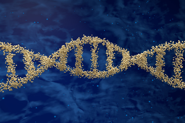 Arany nukleotidok a DNS molekulában (humán genom) kettős spirállánc ködös háttérrel - oldalnézet 3d illusztráció - Fotó, kép