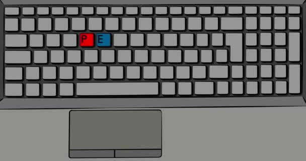 Ειρήνη λέξη στο πληκτρολόγιο του υπολογιστή. Πληκτρολόγιο με χρωματιστά πλήκτρα στο laptop. 4k Comic Book animation στυλ. - Πλάνα, βίντεο