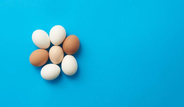 Chicken eggs on blue paper background - Foto, Imagen