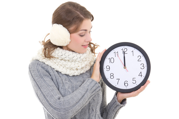happy beautiful woman in winter clothes with office clock isolat - Photo, Image