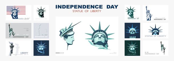 Independence day portrait Statue of Liberty, poster presentation. Set of green flat design templates. USA flag Holiday. The national symbol of America New York, banner.Name of advertising text, vector, city, sign, freedom, vintage, national, isolated - Vector, Image