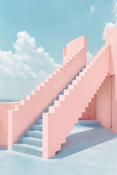 3d rendering of a beautiful pink stairs with clouds - Foto, afbeelding