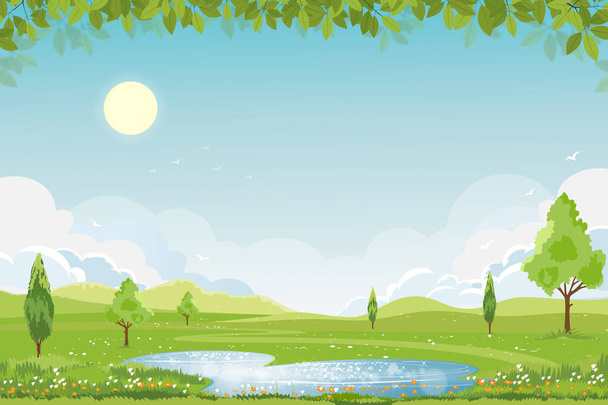 Весенний пейзаж в деревне с видом на озеро, горы и голубое небо, векторное карикатурное знамя Весенний сезон, Панорама сельской местности летом с ярким светом солнца и отражением на воде - Вектор,изображение