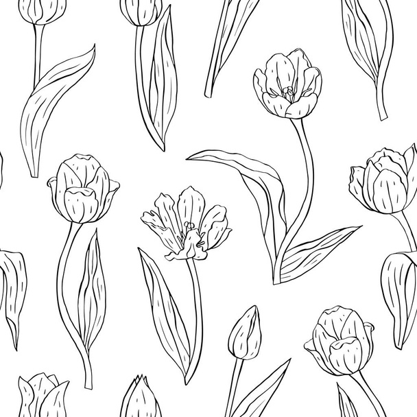 Monochrome black and white vintage seamless pattern with line art tulips flowers on white - Vector, Imagen