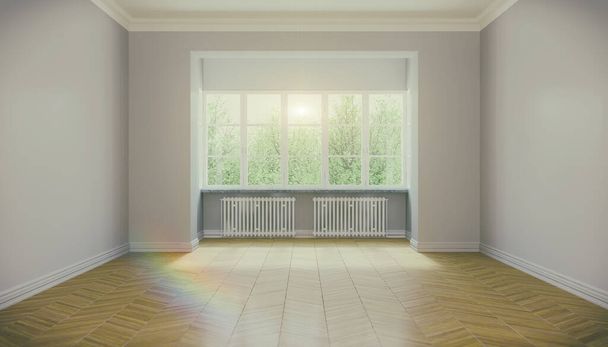 3d representación de vacío libre apartamento escandinavo con grandes ventanales y suelo de parquet - aspecto retro - Foto, Imagen