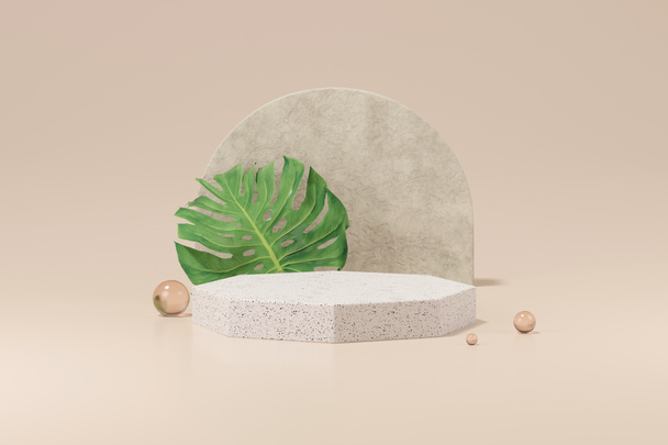 Mock up of stone and small plant forming a product podium, Cosmetic presentation. 3d rendering. - Photo, Image