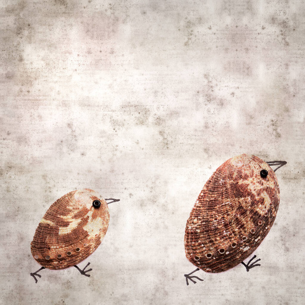 stylish textured old paper background with funny little birds made of a green ormer shell - Foto, Bild