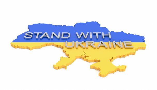 3d render silhouette of Ukraine in national colors of Ukraine on white background and the text stand with ukraine - Photo, Image