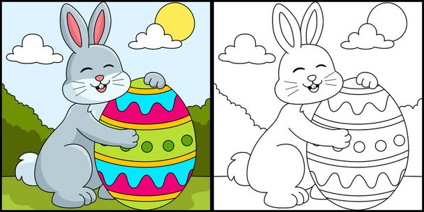 Κουνέλι αγκαλιάζει πασχαλινό αυγό χρωματισμός εικονογράφηση - Διάνυσμα, εικόνα
