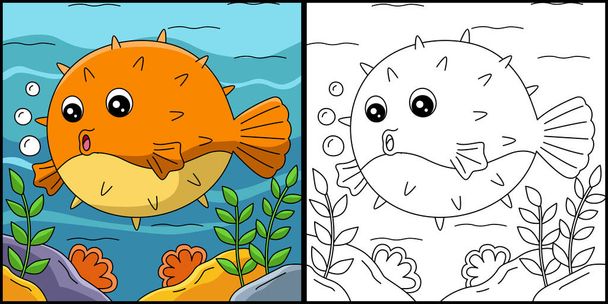 Цветная иллюстрация на странице раскраски рыбы фугу - Вектор,изображение
