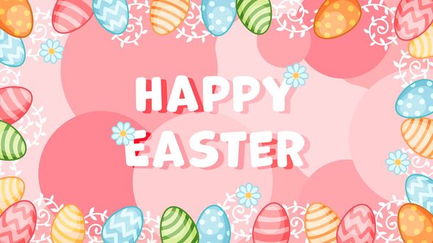 Happy Easter cartoon colorful pink horizontal banner with decorative eggs and floral elements for print, web sites, advertising. Vector poster with typography and decor for holiday card, label. - Vector, Image