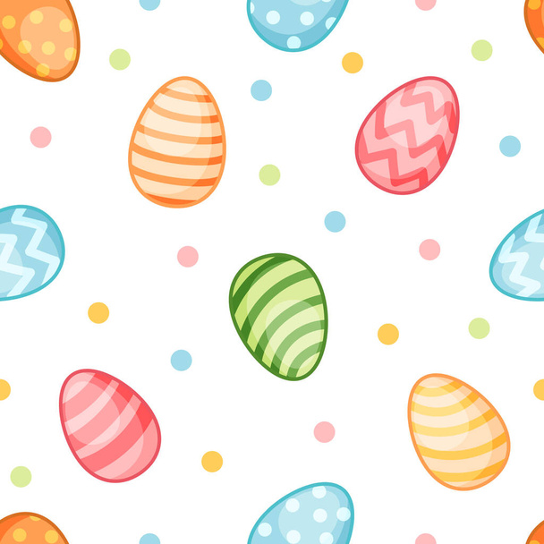 Colorful positive seamless pattern with decorative traditional eggs. Vector isolated illustration for wrapping paper, textile, fabric, wallpaper, print, decor. Happy easter cute eggs in pastel colors. - Wektor, obraz