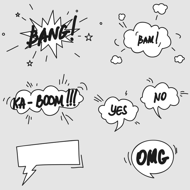 Conjunto de símbolos de elementos de bolhas de fala em quadrinhos desenhados à mão e efeitos sonoros
 - Vetor, Imagem