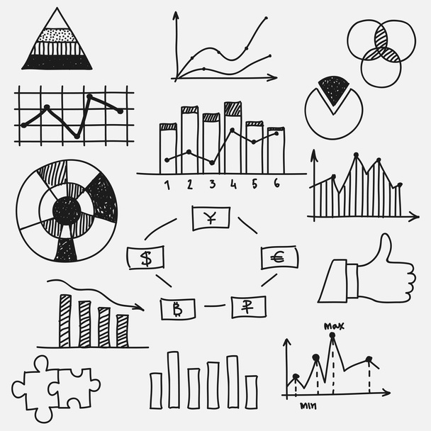 Hand drawn doodle business sketches finance statistics infographics Concept - graph chart pie earnings profit. - Vektör, Görsel