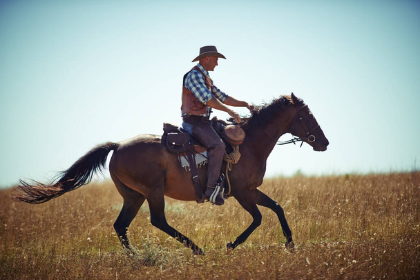 Ride em cowboy. Shot of a man riding a horse in a field. - Photo, Image