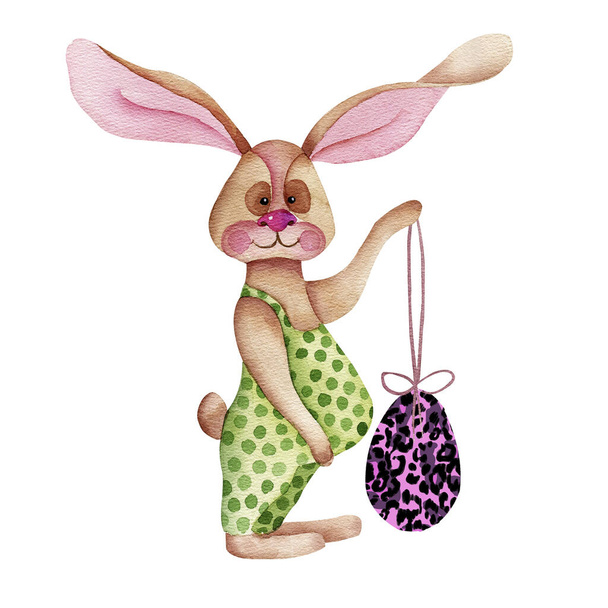 Feliz conejo de Pascua acuarela. Bonita tarjeta de primavera. Saludo de Pascua. Ilustraciones de acuarela lindo conejito, plantas. Fotos y objetos para póster, invitación, postal o fondo - Foto, imagen