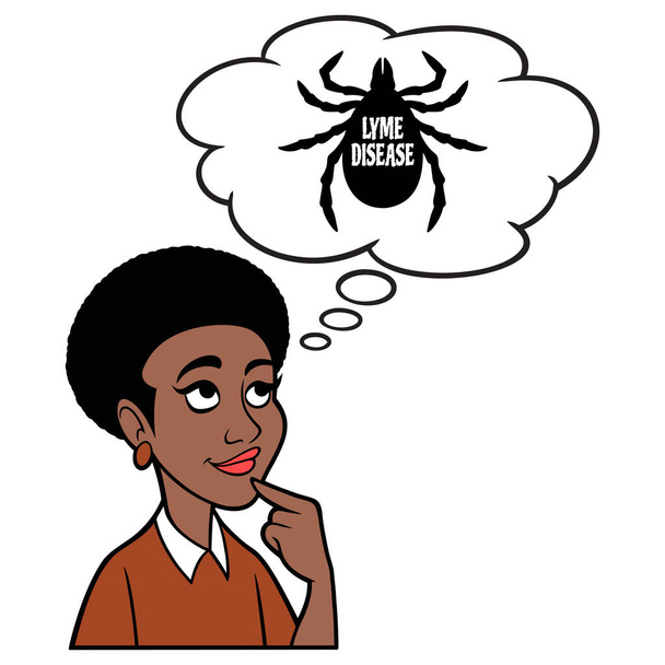 Mulher Negra pensando sobre a doença de Lyme - Uma ilustração dos desenhos animados de uma mulher negra pensando em complicações da doença de Lyme. - Vetor, Imagem