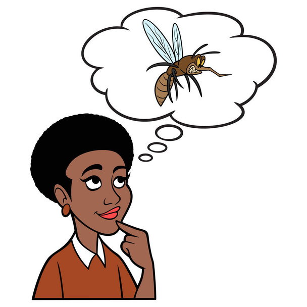 Mulher Negra pensando em um mosquito - Uma ilustração de desenho animado de uma mulher negra pensando em um problema de mosquito. - Vetor, Imagem