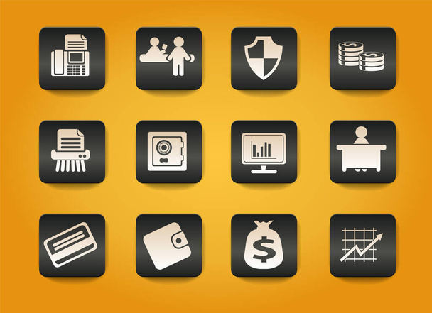 Finance symbols on black buttons on yellow background - Vector, Image
