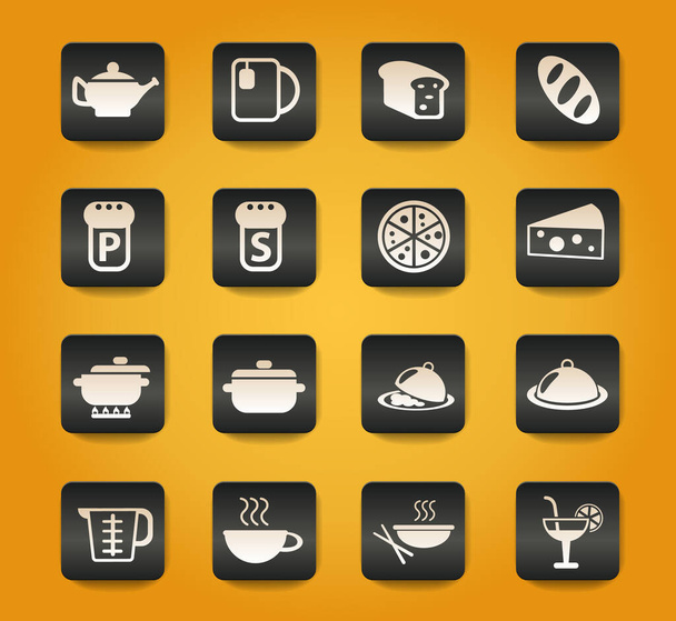 Comida y símbolos de cocina sobre botones negros sobre fondo amarillo - Vector, Imagen