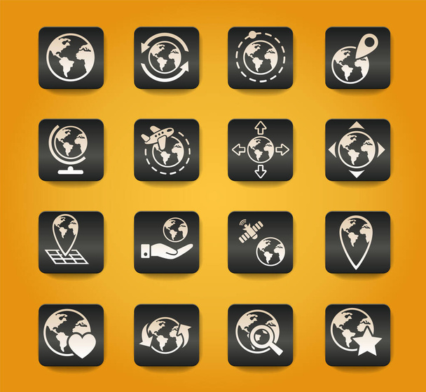 globes symbols on black buttons on yellow background - Vector, Imagen