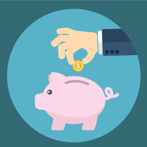 Wektor piggy bank koncepcja w stylu płaski - oszczędności pieniądze, wkładając monety do piggy bank - Wektor, obraz