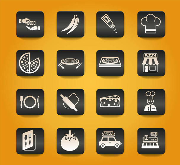 黄色の背景の黒いボタンのピザのシンボル - ベクター画像