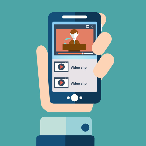 Plochý design ilustrace koncepty pro smartphone video přehrávání, video volání, mobilní setkání, on-line video chat, s rukou drží telefon - Vektor, obrázek