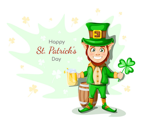 Cartão postal Feliz Dia de São Patrício. Um duende alegre e feliz com uma caneca de cerveja e um trevo nas mãos, atrás de um barril - Vetor, Imagem