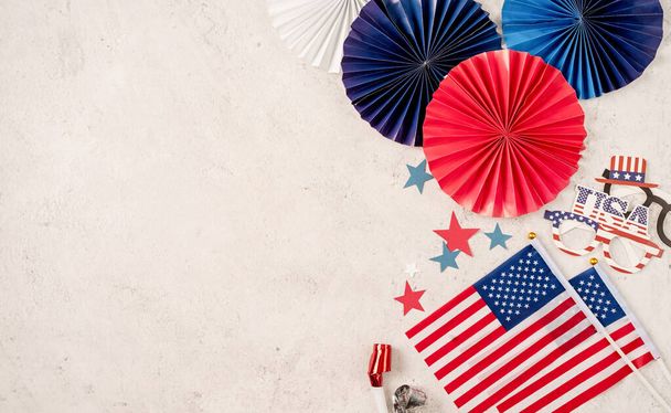 USA independence day party elements top view flat lay on marble background - Photo, Image