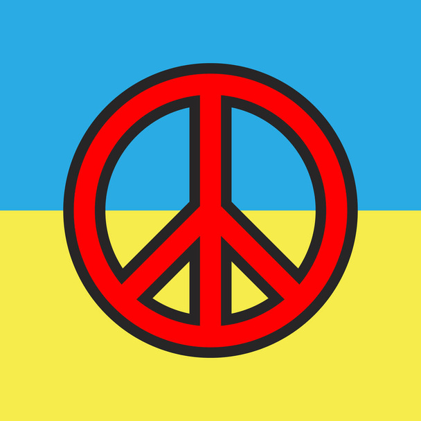 Béke jel Ukrajna zászló háttér. Piros pacifista jel, fekete körvonalakkal. Minden háború elítélése és tagadása. - Vektor, kép