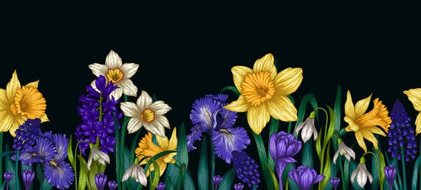  Varrat nélküli vektor vízszintes minta kert tavaszi grafikus lineáris színű virágok. Nárcisz, írisz, muscari, hóvirág, jácint, crocus, muscari - Vektor, kép