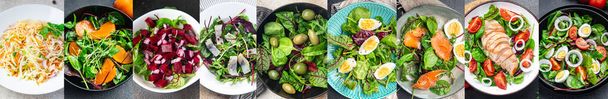 collage jedzenie świeże sałatki mieszanka sałatek różne rodzaje porcji zdrowy posiłek jedzenie przekąska na stole kopia przestrzeń żywności tło  - Zdjęcie, obraz