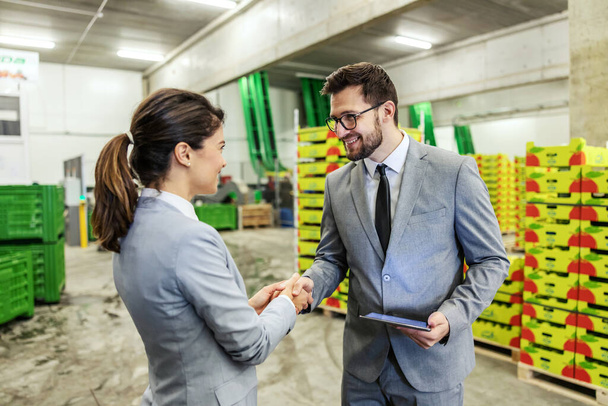 Successfully completed work. A man and a woman in a business suit shake hands and conclude a deal for the warehouse business. A businesswoman and a businessman at work successfully make a deal - Фото, изображение