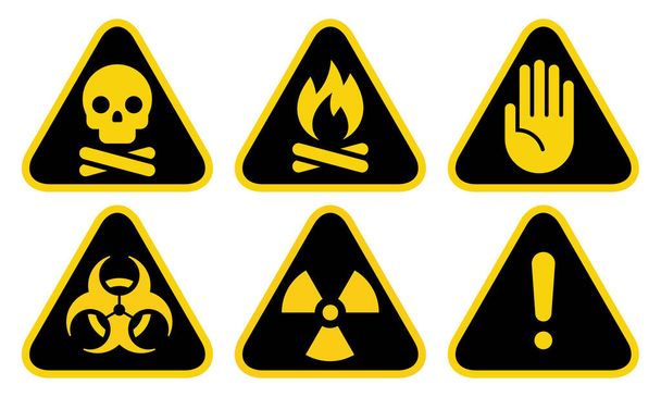 Τοξικά Hazard Sign, Fire Warning Sign, Attention Sign, Biohazard Sign, Radiation Hazard Sign. Σύνολο εικονιδίων κινδύνου - Διάνυσμα, εικόνα