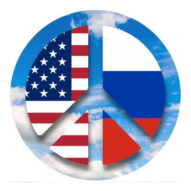 Rauhanmerkki valkoisella. Yhdysvallat ja Venäjä liput sisällä rauhanmerkki. - Valokuva, kuva