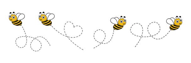 Lindos personajes de abejas conjunto. Abeja volando en una ruta punteada aislada en el fondo blanco. Ilustración vectorial. - Vector, Imagen