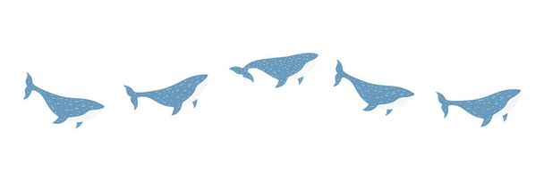 Línea de ballenas azules nadadoras. Océano enorme colección de ballenas. Ilustración vectorial aislada en blanco. - Vector, Imagen