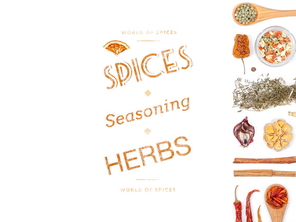 Different spices and herbs  on white background. top view - Photo, Image