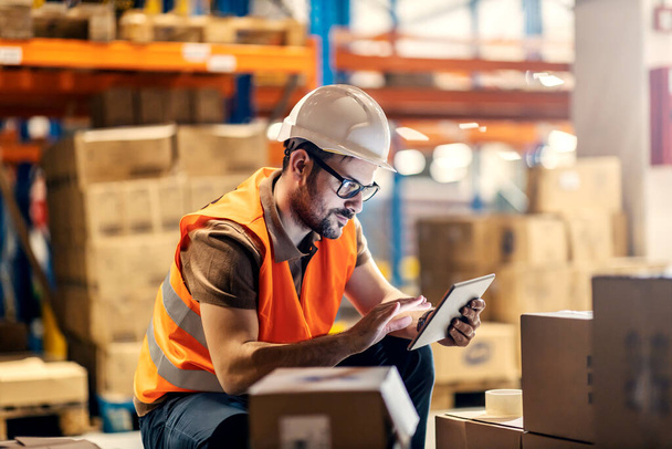 A focused supervisor with tablet checking on boxes in warehouse. - Foto, immagini
