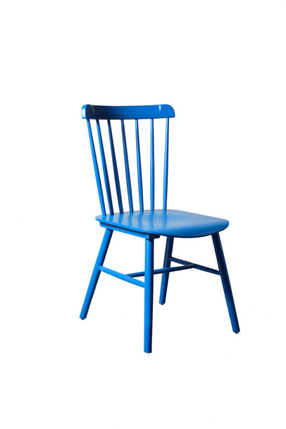 hard back wooden chair with blue seat - Fotoğraf, Görsel