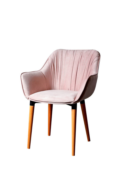 Designer armchair made of light beige fabric with wooden legs - Fotoğraf, Görsel