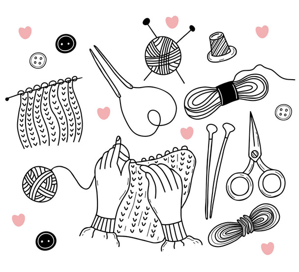 vector Knitting set. Skein of woolen yarn, hand knitting, scissors, knitting needles, knitted fabric, thimble. Hand drawn doodle elements isolated. For Handicraft and Hobby theme design - Vector, Image
